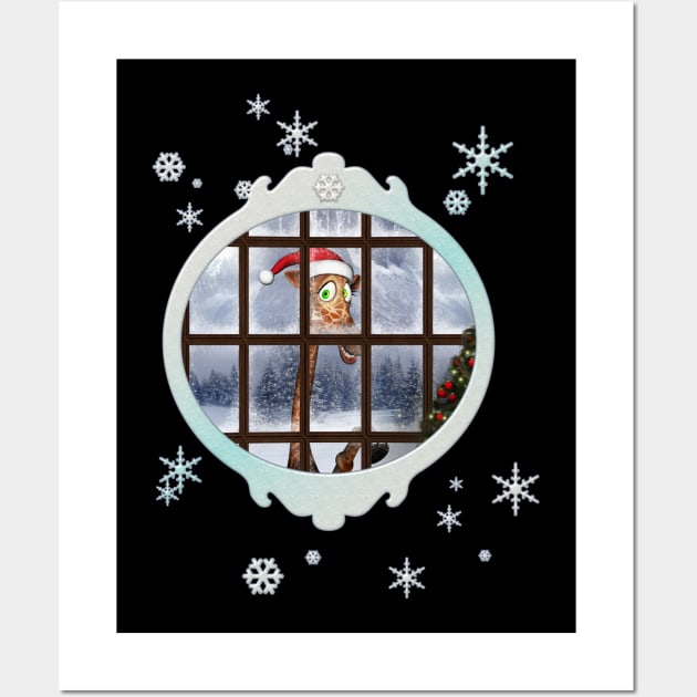 Funny giraffe  with christmas hat looks through the window Wall Art by Nicky2342